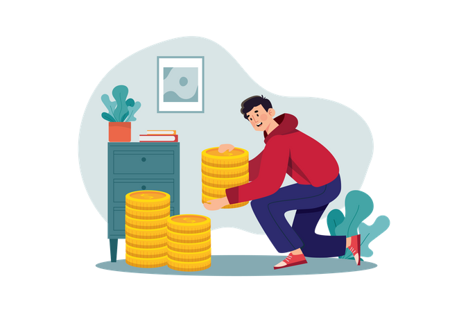 Man carries a stack of coins  Illustration