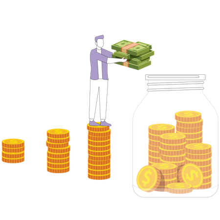 Man carries money to jar of coins  Illustration