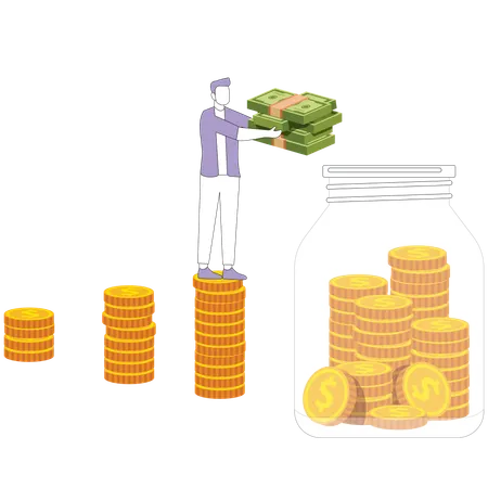 Man carries money to jar of coins  Illustration