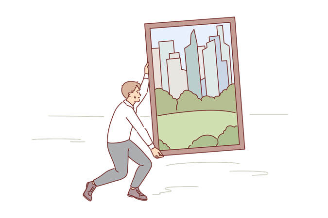 Man carries painting of green metropolis through desert trying to achieve goal of building city  イラスト