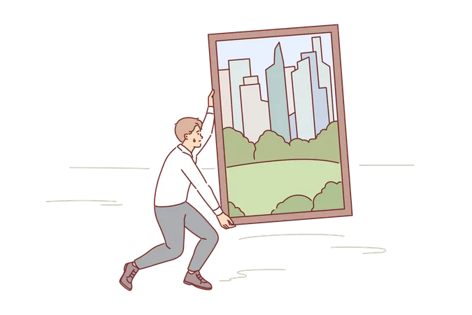 Man Carries Painting Of Green Metropolis Through Desert Trying To Achieve Goal Of Building New Residential Complex Selfless Guy In Business Clothes Dreams Of Erection Of Metropolis Illustration