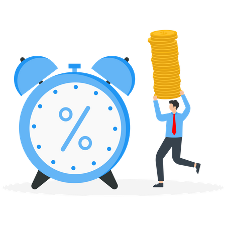 Man carries stack of coins to percentage alarm clock  Illustration