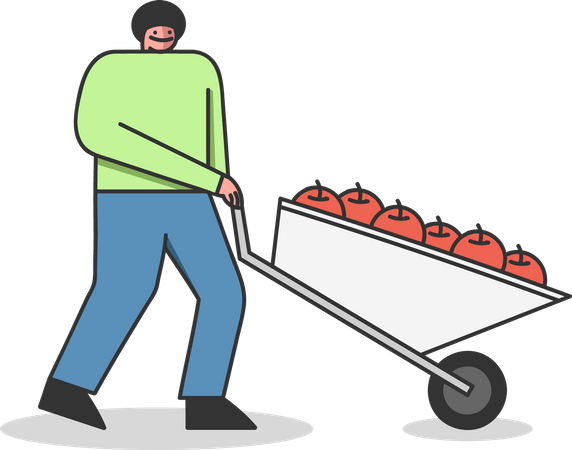 Man Carries Wheelbarrow Full Of Apples Illustration
