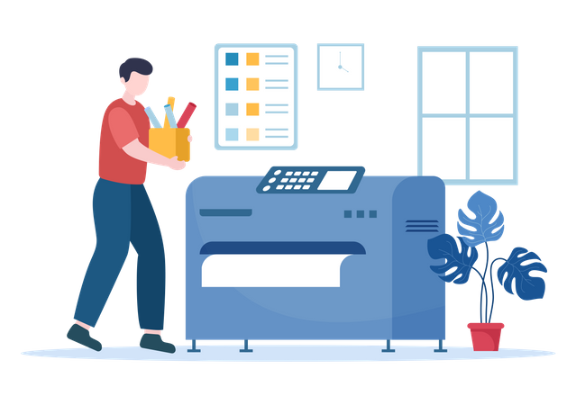 Man carry box and standing near printer  Illustration