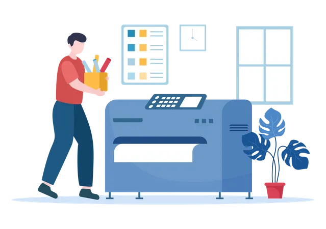 Man carry box and standing near printer Illustration