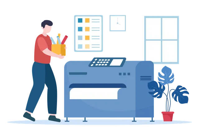 Man carry box and standing near printer  Illustration