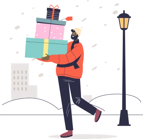 Man Carry Pile Of Christmas Gifts For Greeting With Winter Holidays And New Year Celebration Seasonal Shopping Sales For Xmas Presents Concept Cartoon Flat Vector Illustration Illustration