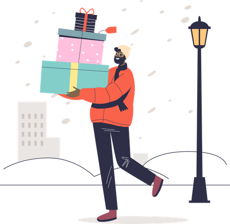 Man carry christmas gifts  Illustration