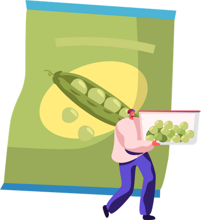 Man Carry Container with Frozen Green Peas Illustration