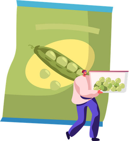 Man Carry Container with Frozen Green Peas  Illustration