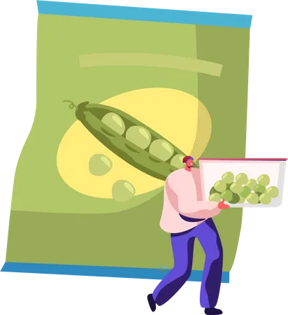 Man Carry Container with Frozen Green Peas  Illustration