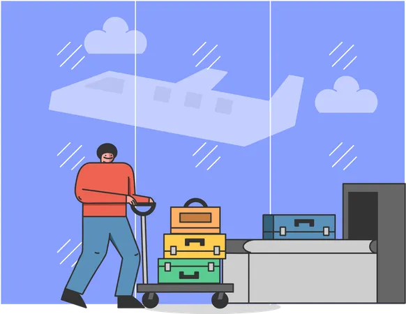 Man Carry Luggage In The Baggage Scanner Machine  Illustration