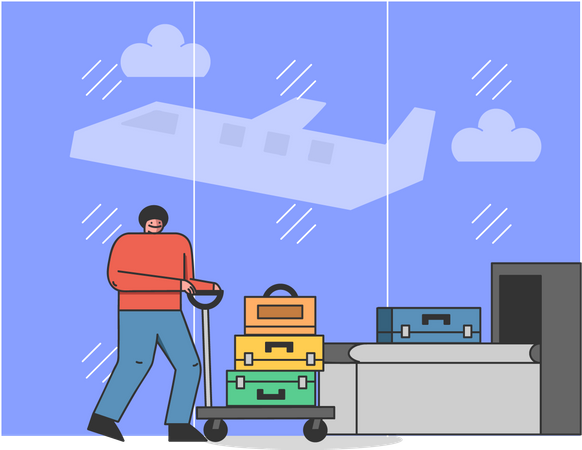 Man Carry Luggage In The Baggage Scanner Machine  Illustration