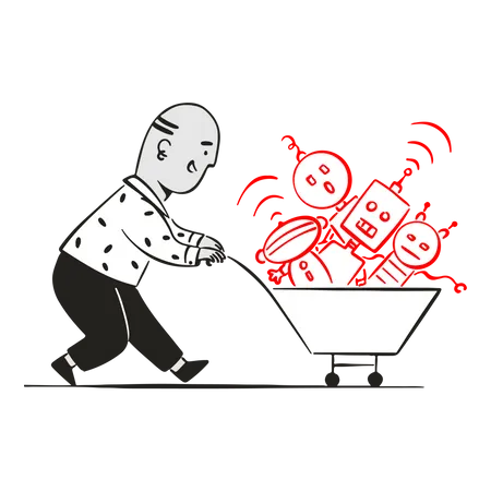 Man carry robots in cart  Illustration