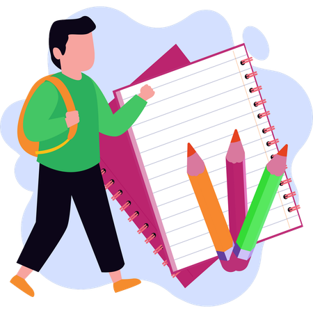 Man carrying a backpack and pencils walks while holding a notepad in his hand  Illustration