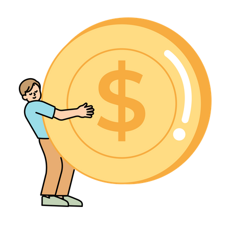 Man carrying a large coin  Illustration