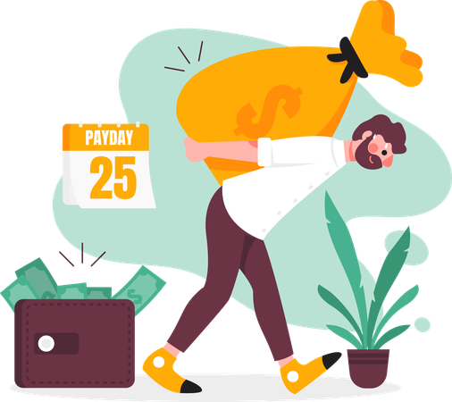 Man carrying bag of paychecks  Illustration