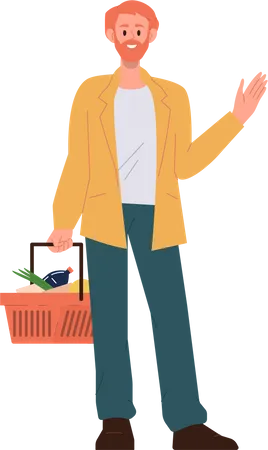 Young Hipster Man Shopper Carrying Basket With Supermarket Products Purchases Vector Illustration Male Cartoon Character Buying Food Organic Fruits And Vegetables In Grocery Store Isolated On White イラスト