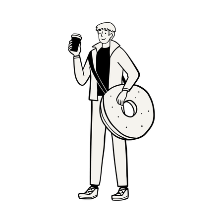 Man Carrying Big Donut and Coffee  Illustration