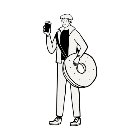 Man Carrying Big Donut and Coffee  Illustration