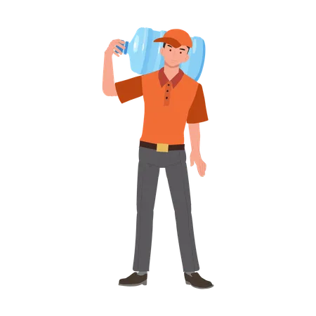 Water Delivery Service By A Male Courier Man Carrying Big Water Bottle Illustration