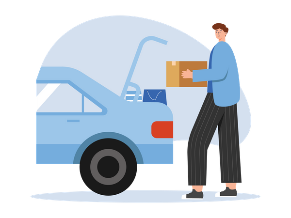 Man carrying box in car trunk  Illustration