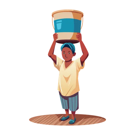 Man carrying bucket on head  Illustration