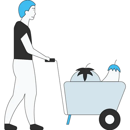 Man carrying cart of fruits and vegetables  Illustration