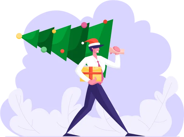 Cheerful Business Man Wearing Formal Suit And Santa Claus Hat Holding Gift Carry Christmas Tree On Corporate Party Happy New Year And Xmas Holiday Celebration Concept Cartoon Flat Vector Illustration Illustration