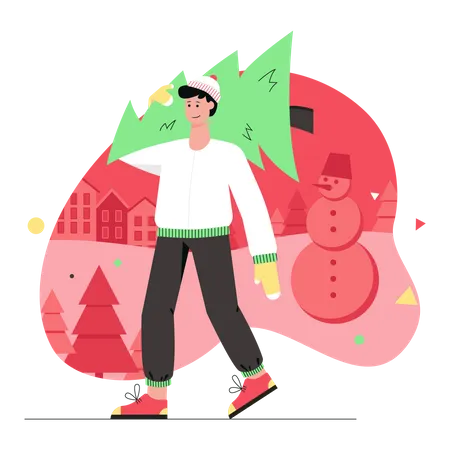 Man carrying christmas tree  Illustration