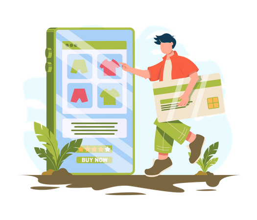 Man carrying credit card and choosing clothes online Illustration