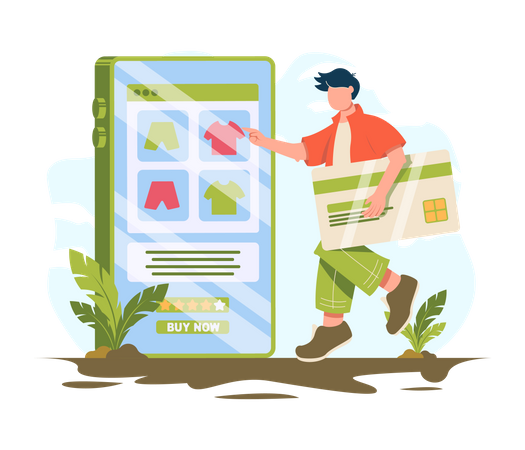 Man carrying credit card and choosing clothes online  Illustration