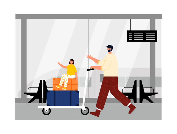 Man carrying daughter on trolley Illustration