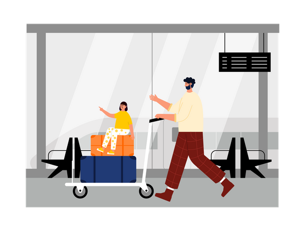 Man carrying daughter on trolley  Illustration