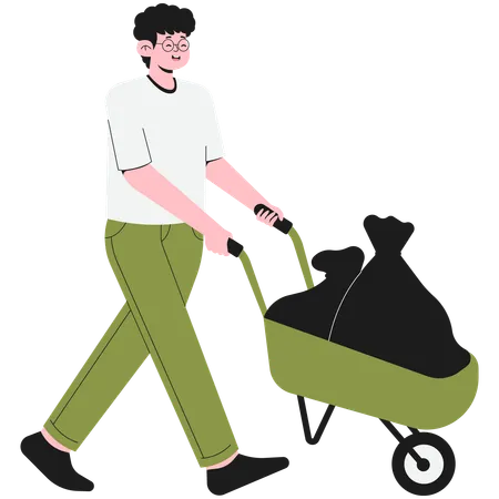 Man Carrying Garbage Using Trash Cart  Illustration