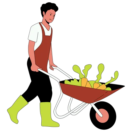 Man carrying garden cart  Illustration