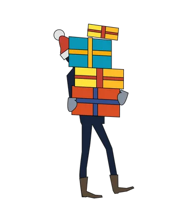 Man Carrying Gift Boxes Person In Santas Hat Holds Present Box With Overwhelming Bow New Year And Christmas Sale Concept Giving Presents For Nearest And Dearest Vector Illustration In Flat Style Illustration