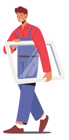 Worker In Overalls Carry Glass In Frame For Installing Plastic Window In Apartments Contractor Male Character Construction Working Home Renovation Maintenance Process Cartoon Vector Illustration Illustration