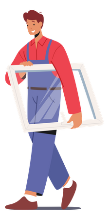 Man carrying glass panel for window installation  Illustration