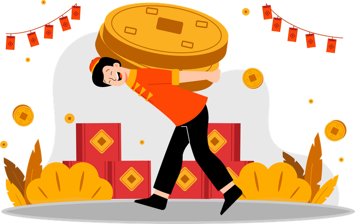 Man carrying gold coins  Illustration