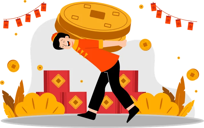 Man carrying gold coins  Illustration