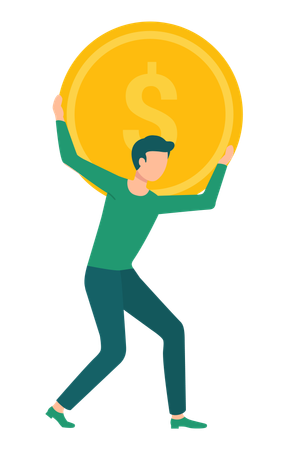 Man carrying golden coin on his back  Illustration