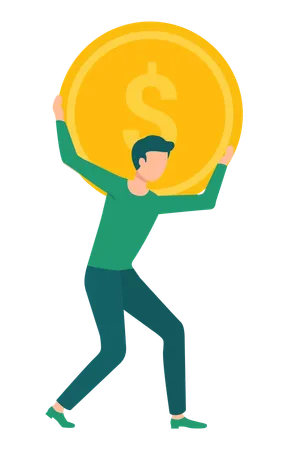 Man carrying golden coin on his back  Illustration