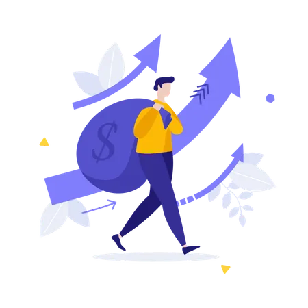 Man Carrying Huge Bag Of Cash Money Against Rising Arrows Financial Success Profit Concept Flat Vector Illustration Investor With Earnings From Commercial Deals Cartoon Character Color Composition Illustration