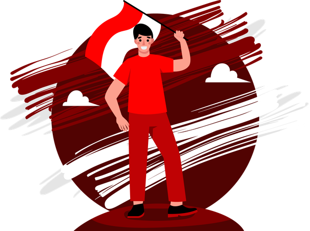 Man carrying large Indonesian flag  Illustration