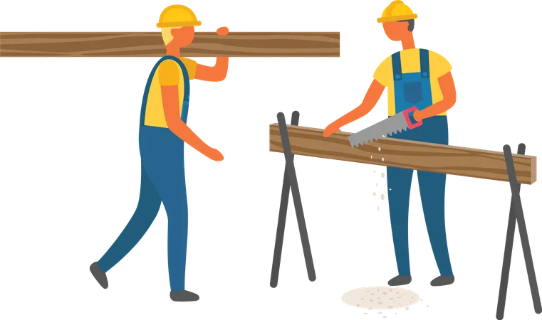 Construction Workers Wearing Helmet And Work Uniform Sawing Wood Man Carrying Log Lumberjack Character Logging Technology Professional Building Vector Flat Cartoon Illustration
