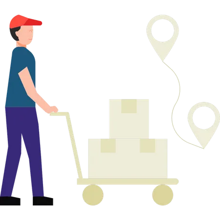 A Boy Is Carrying A Package Trolley Illustration