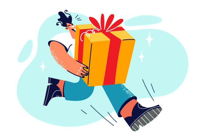Man carrying present package while sprinting  Illustration