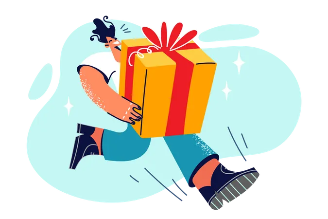 Man carrying present package while sprinting  Illustration