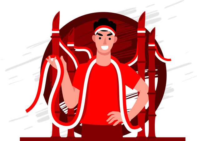 Man carrying red and white ribbon with pointed bamboo  Illustration